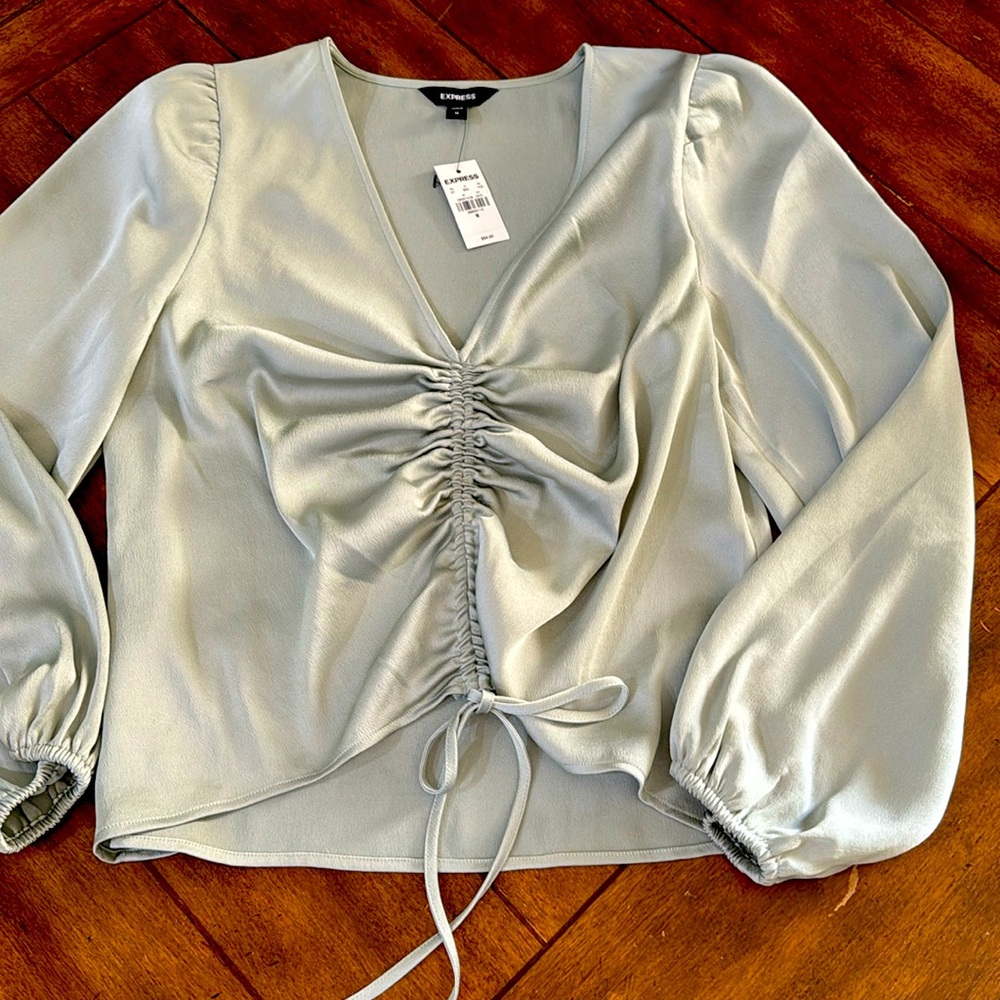 Brand new soft silvery green ruched drawstring front blouson sleeves top~